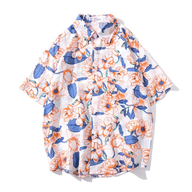 Summer Hip Hop Tops Korean Full Flowers Print Yellow Shirt Fashion Holiday Casual Mens Short Sleeve Hawaiian Shirts