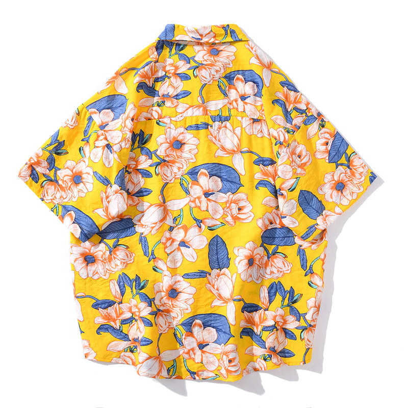 Summer Hip Hop Tops Korean Full Flowers Print Yellow Shirt Fashion Holiday Casual Mens Short Sleeve Hawaiian Shirts