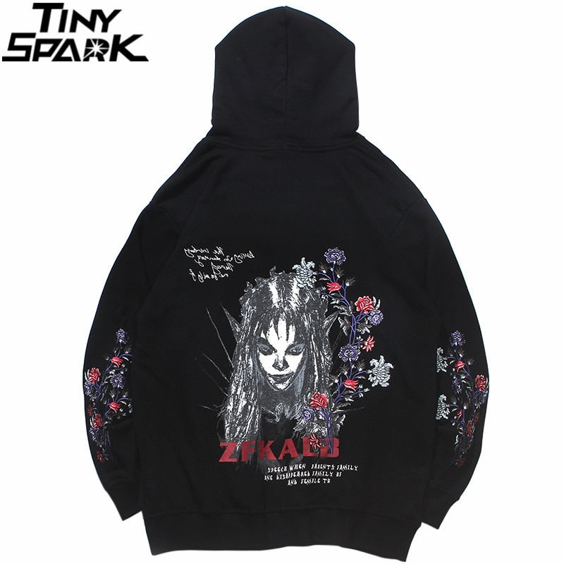 Mens Hip Hop Streetwear Hoodie Embroidery Flower Freaky Printed Sweatshirt Cotton Loose Floral Tops Fashion Hooded Pullover