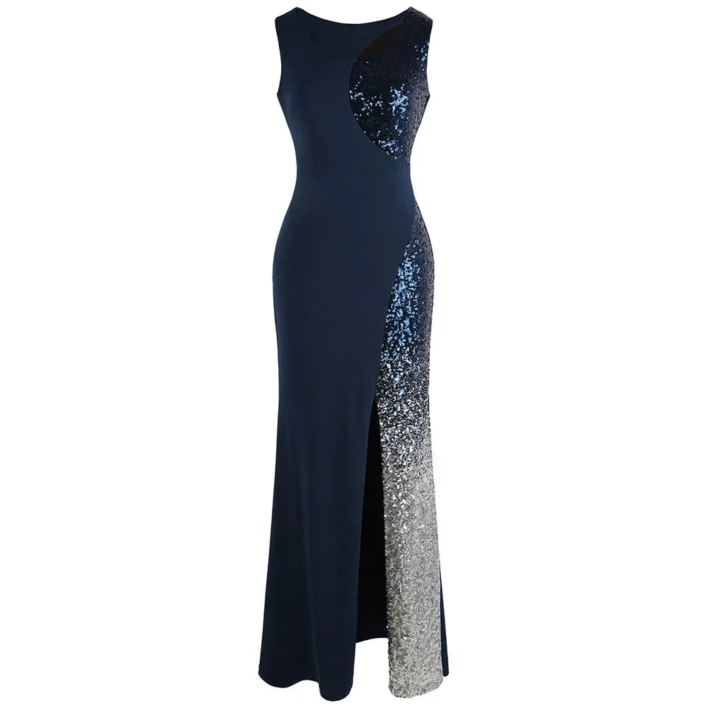 Splicing Sequin Evening Dress Slit Gradient Evening Dress Long Royal Blue - Modz Designs