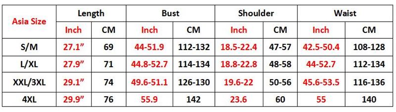 Size chart for New Fashion Women Men Colorful 3D Hoodies showing length, bust, shoulder, and waist measurements.