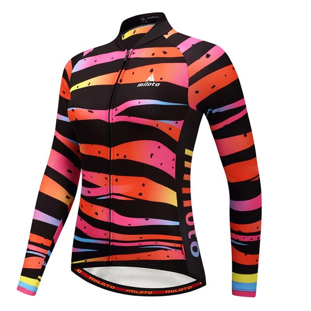 Women Long Sleeve Thermal Fleece Cycling Clothing in colorful design, perfect for cycling in various seasons.