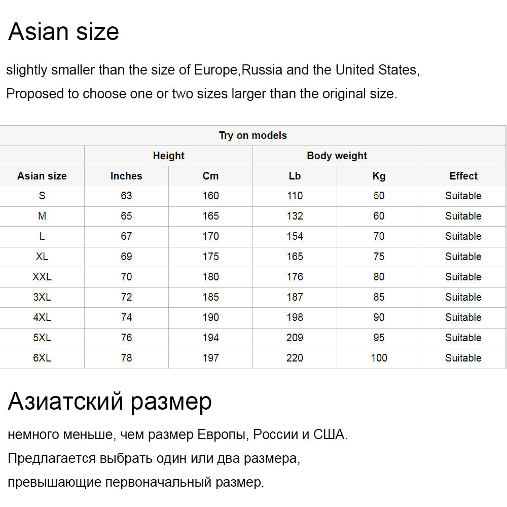 Asian size chart for clothing including height, weight, and recommended sizes for men.