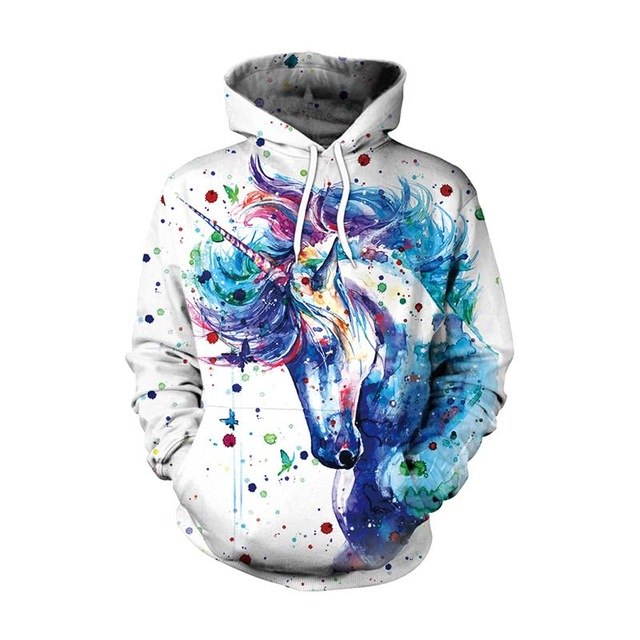 New Fashion Men Women Unicorn 3D Printed Cartoon Hoodies with colorful ink splashes and a unicorn design.