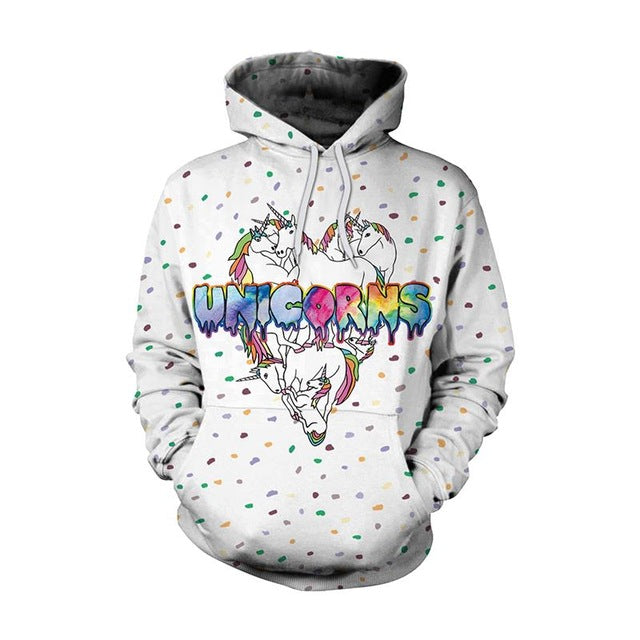 New Fashion Men Women Unicorn 3D Printed Cartoon Hoodies with colorful unicorn design.