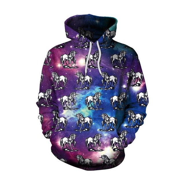 New Fashion Men Women Unicorn 3D Printed Cartoon Hoodies with colorful galaxy background and unicorn designs.
