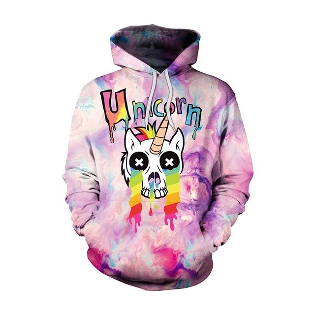 New Fashion Men Women Unicorn 3D Printed Cartoon Hoodies featuring a vibrant unicorn skull design on a colorful abstract background.