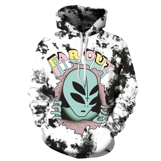 New Fashion Women Men Crying Alien 3D Printed Sweatshirts featuring a colorful alien design on a black and white background.