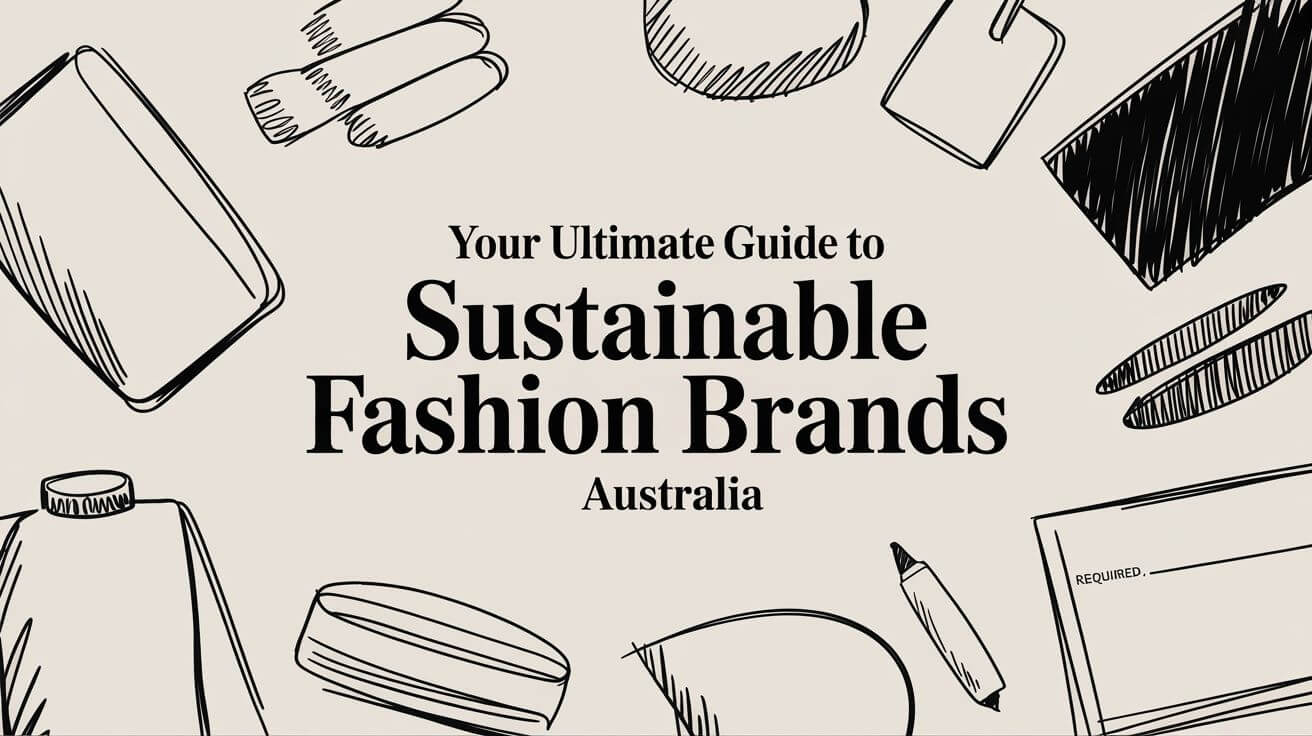 Stylized graphic featuring text 'Your Ultimate Guide to Sustainable Fashion Brands Australia' on a neutral background.