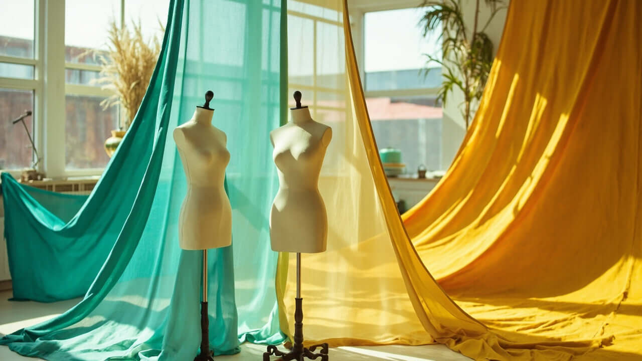 soft sustainable fabrics in bright natural light with modern clothing details visible