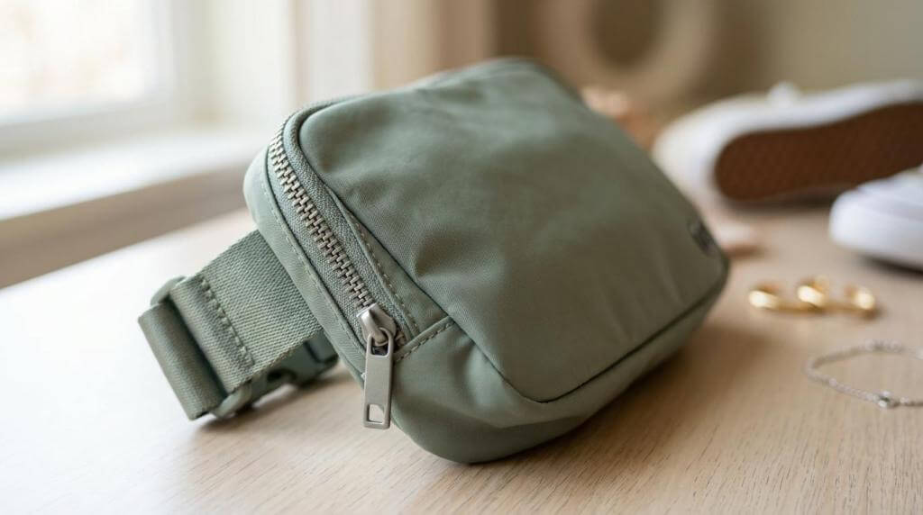 Stylish green waist bag on a wooden table, showcasing functionality for womens casual clothing online.