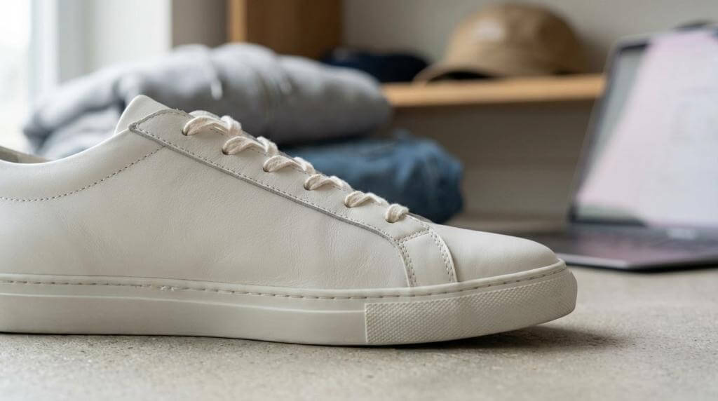 Stylish white sneakers on a table, representing men's casual clothing online.