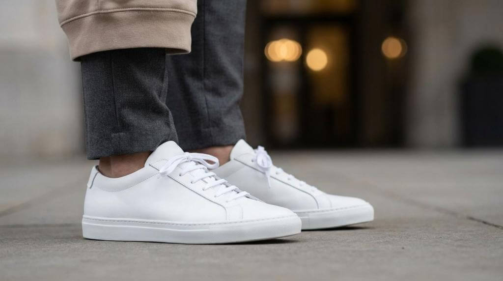 White sneakers paired with stylish trousers, perfect for how to style hoodies without looking sloppy.