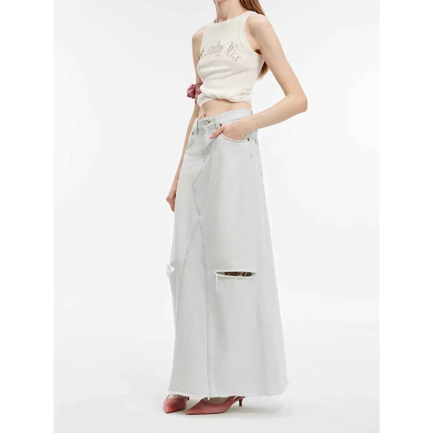 "Walden Pond" Turkish Imported Wash-faded Distressed Hole Denim A-line Skirt - Modz Designs