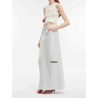 "Walden Pond" Turkish Imported Wash-faded Distressed Hole Denim A-line Skirt - Modz Designs