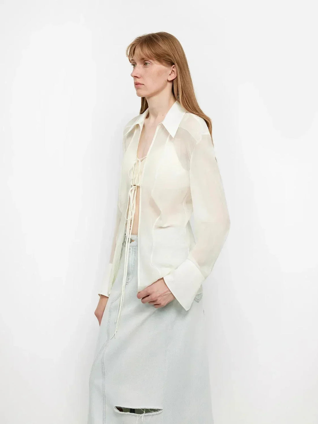 "Hazy Moonlight" Silk Chiffon Light and Hazy Feeling Cool Drape Lace-up Sun Protection Shirt Summer - Modz Designs