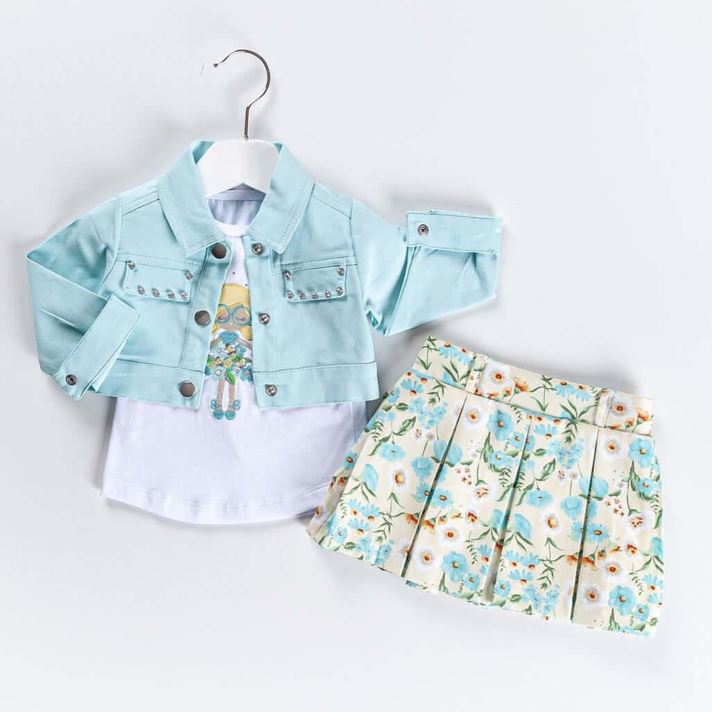 girls casual outfit set Cubana Nana Girls Casual Set featuring a knit blazer, embroidered t-shirt, and floral skirt.