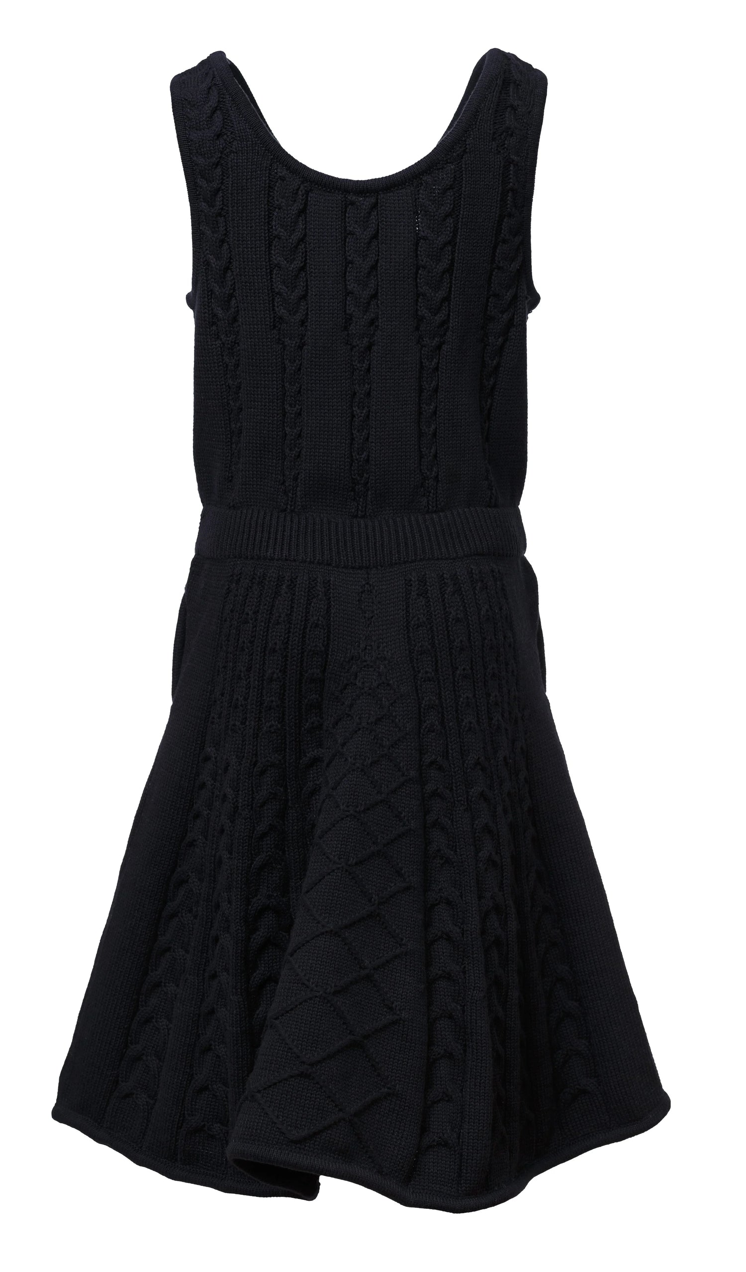 Black Cable Knit Dress for Girls, a sleeveless midi dress with intricate cable knit patterns.