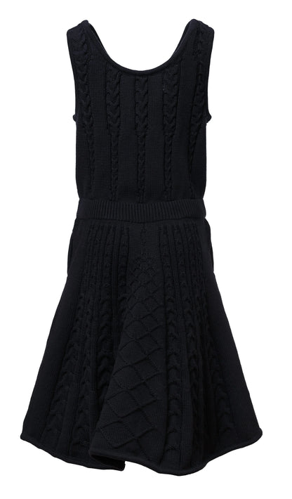 Black Cable Knit Dress for Girls, a sleeveless midi dress with intricate cable knit patterns.