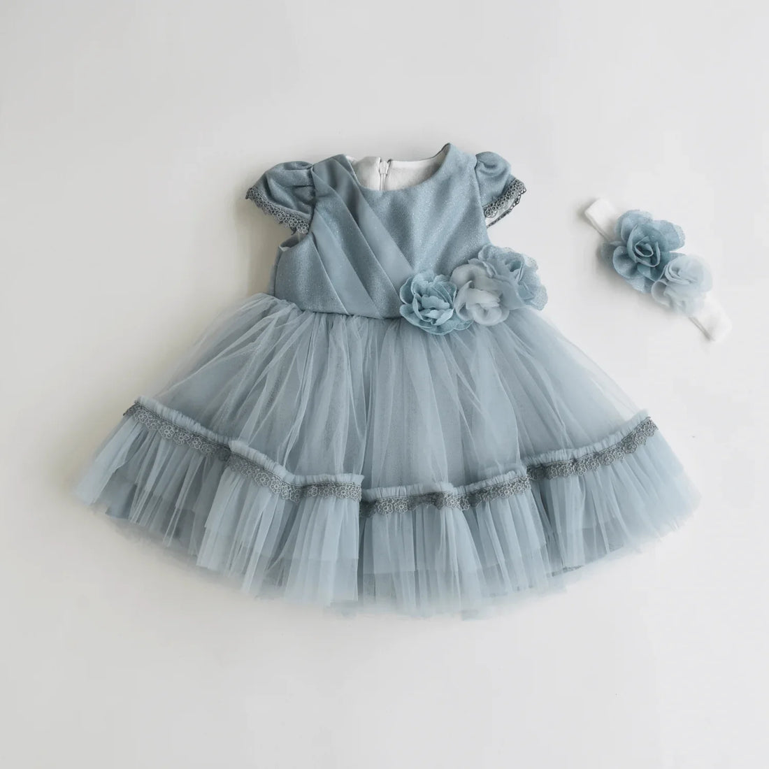 Bright Flower Girls Formal Dress with tulle bottom, cap sleeves, floral accents, and matching headband.