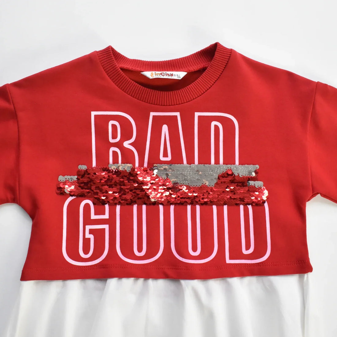 Undecided Love Girls Casual Set red dressy top with sequin design and pleated bottom.