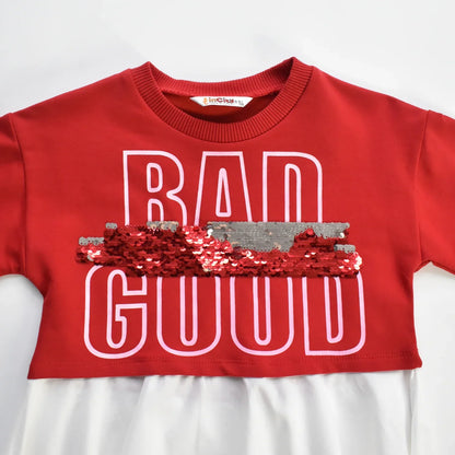 Undecided Love Girls Casual Set red dressy top with sequin design and pleated bottom.
