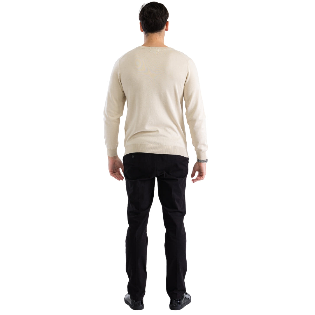 Sam Jacobi Mens Pullover Beige Knitted Sweater V-neck Stylish Knitwear Long Sleeve Casual Slim Fit worn by a man from the back.