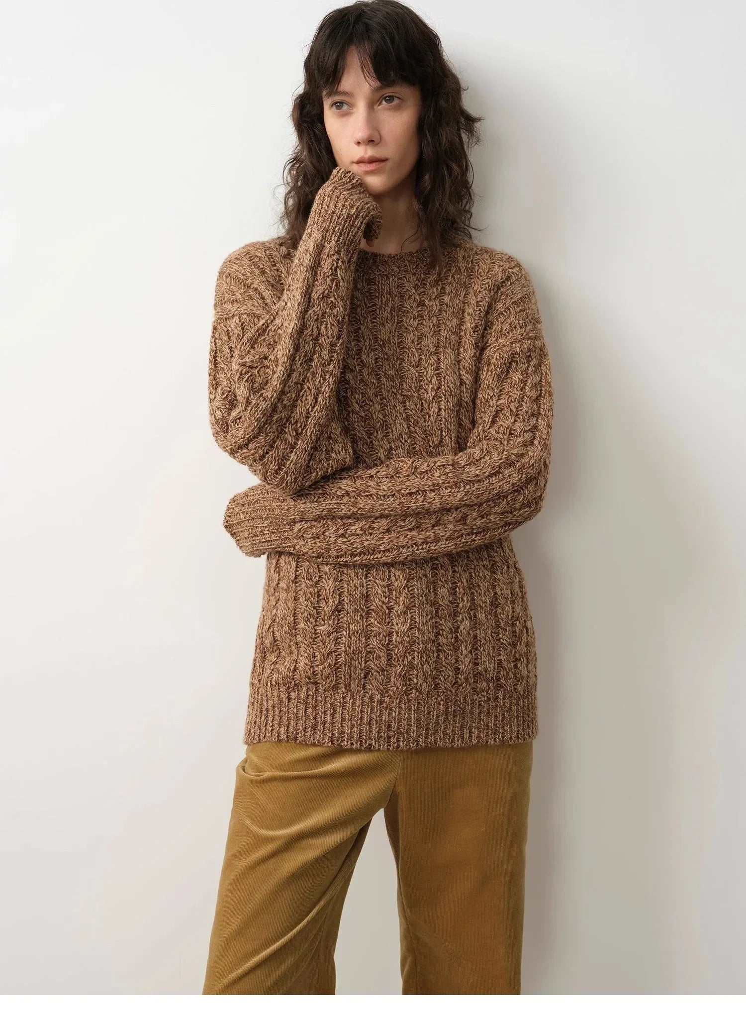 "Thousand Islands Forest Club" Cable-cut Round Neck Wool Blend Slightly Wide Shoulder Sweater - Modz Designs