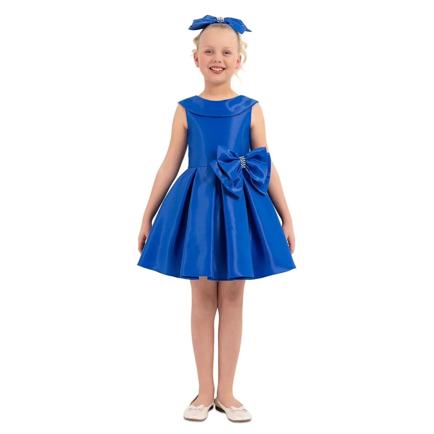 Girls formal satin dress Stellar Satin Girls Formal Dress in shiny blue satin with big bow, perfect for special occasions.