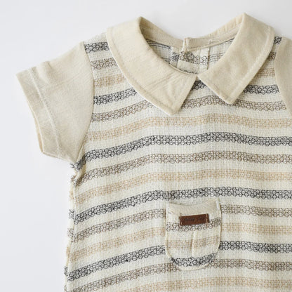 Striped Baby Dressy Overall featuring a classic striped pattern and a convenient front pocket.