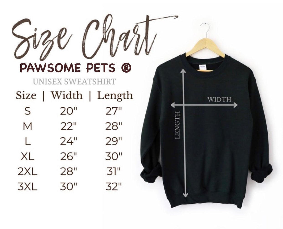 SWEATSHIRT - FASHION WITH CAT size chart showing unisex measurements for various sizes.