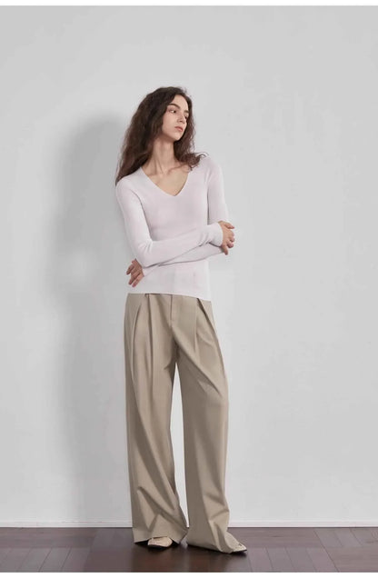 “Street Sketch”Fine-Spun Wool Fashion, Waistless Pleated Loose-Fitting Straight-Leg and Wide-Leg Casual Trousers for Women - Modz Designs
