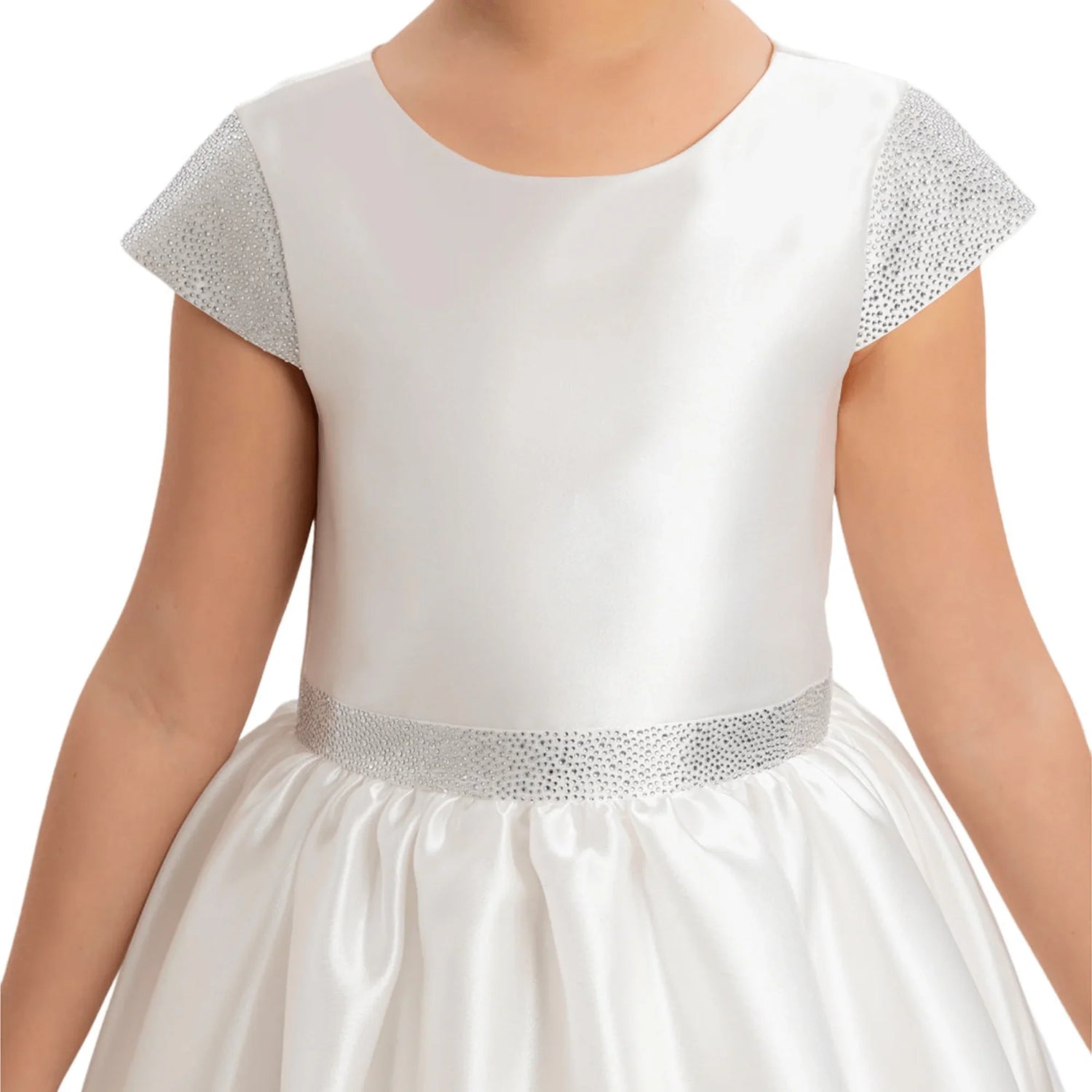 Girls Dress Pure Radiance Girls Formal Dress featuring a luxurious satin bodice with sparkling stone-print details.