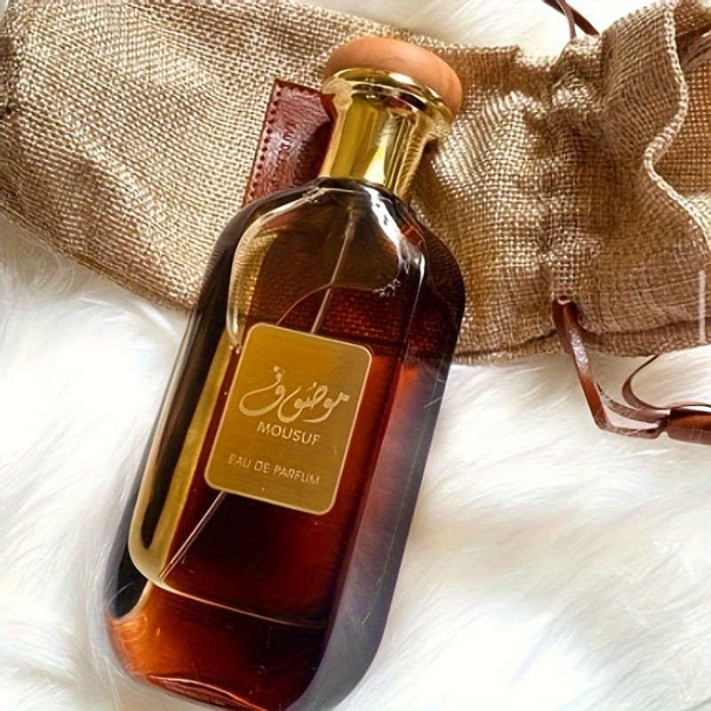 Arabian Musk Perfume Long-Lasting Woody Fragrance in elegant bottle with burlap pouch on soft surface.