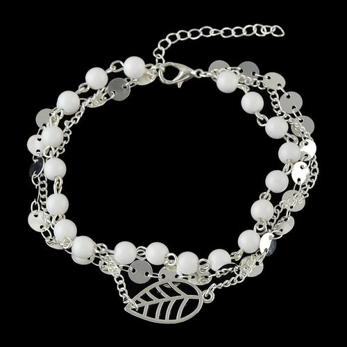 1 pc Foot Beach Jewellery Gold Silver Multi-layer Chain White Beads Leaf Anklet