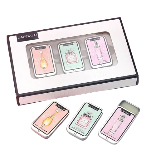 NNETM Portable Pocket Balm Solid Travel Perfume Men Women in a stylish box with four colorful tins.