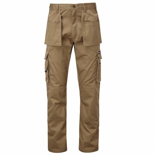 Mens Tuffstuff Pro Work Trousers - 711 in durable khaki fabric with multiple pockets for tools and knee pads.