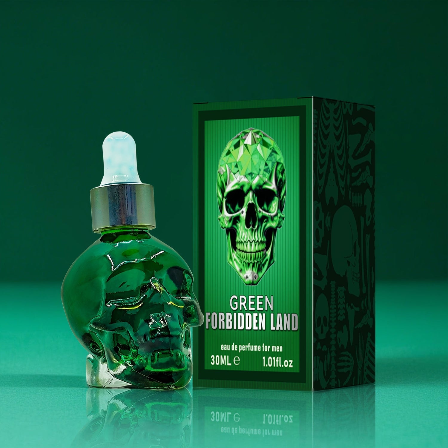 Forbidden Land Perfume Oil for Men in a green skull-shaped bottle with packaging, 30ml liquid fragrance.
