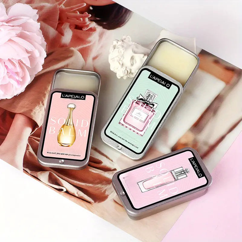 NNETM Portable Pocket Balm Solid Travel Perfume Men Women in stylish packaging with floral background.