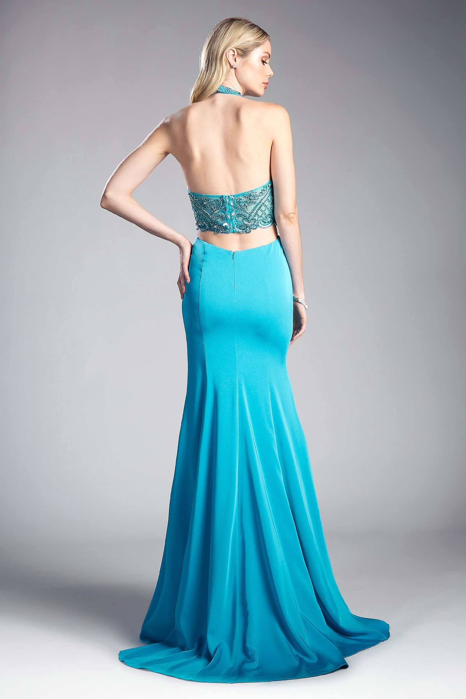 Fitted Stretch Jersey Gown with Halter Neckline and Cut Outs showcasing a stunning back view in turquoise.