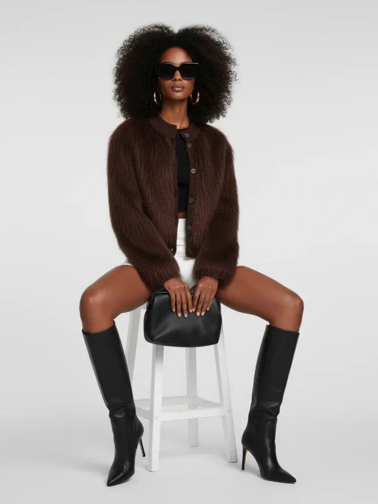 Brown Stand-Up Collar Jacket For Women, Gramercy, BYMANYC New York. - Modz Designs