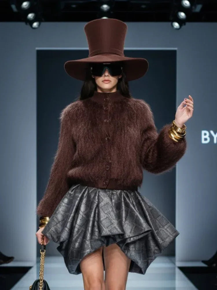 Brown Stand-Up Collar Jacket For Women, Gramercy, BYMANYC New York. - Modz Designs