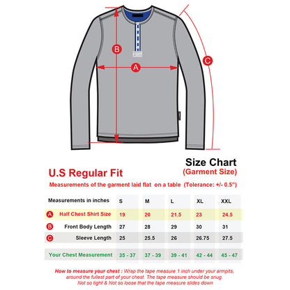 Size chart for ZIMEGO Mens Long Sleeve Crew Neck Oil Wash Vintage Button Henley T-Shirt with U.S Regular Fit measurements.