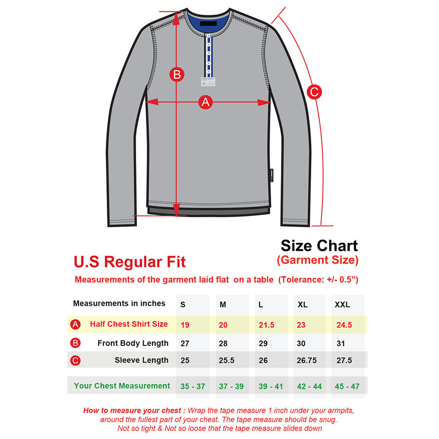 Size chart for ZIMEGO Mens Long Sleeve Crew Neck Oil Wash Vintage Button Henley T-Shirt with U.S Regular Fit measurements.