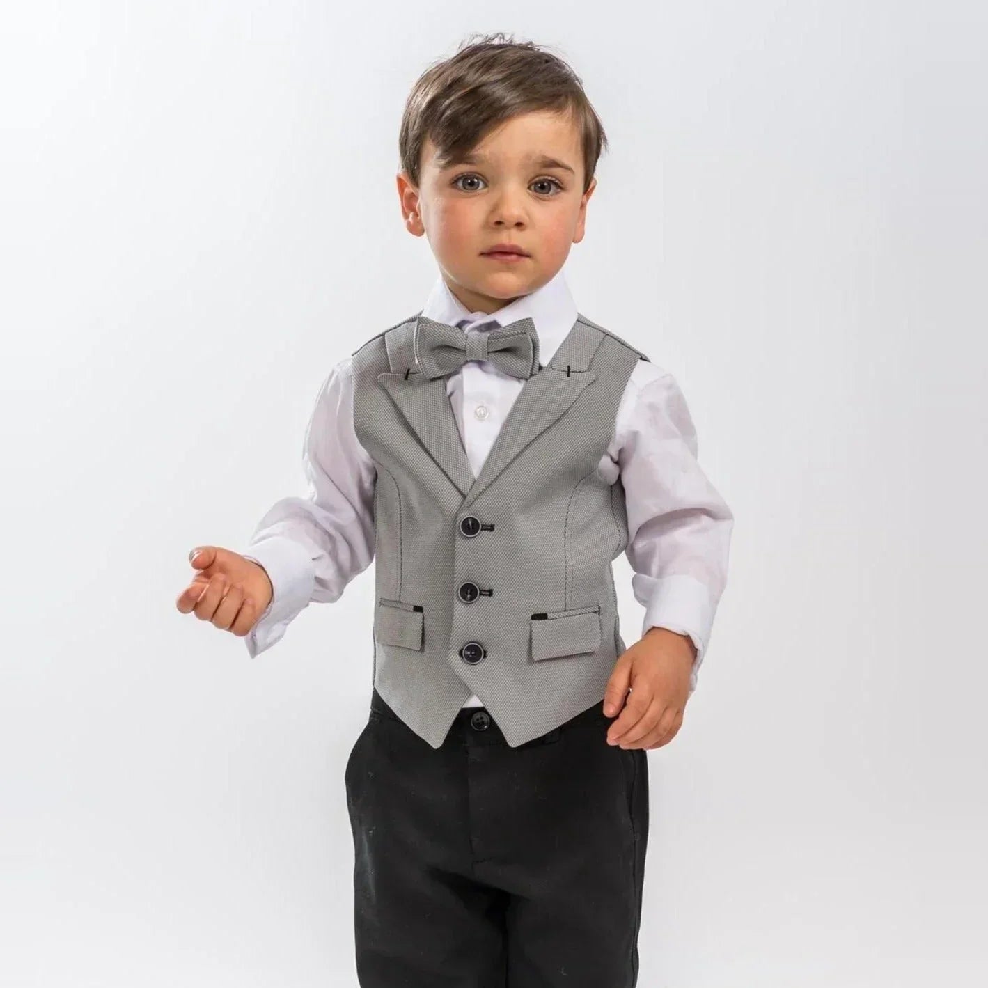 Preppy Moe Formal Boys Suit featuring a stylish knit vest, bowtie, and dress shirt for boys.