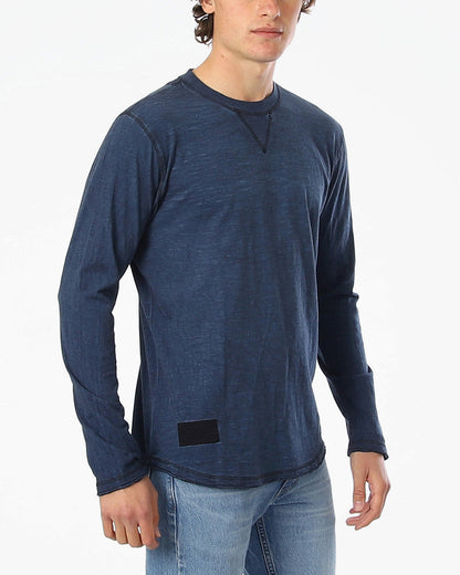 ZIMEGO Mens Long Sleeve Crewneck Oil Wash Vintage Raw Edge Hem Hipster Hip-Hop T shirt in navy blue
