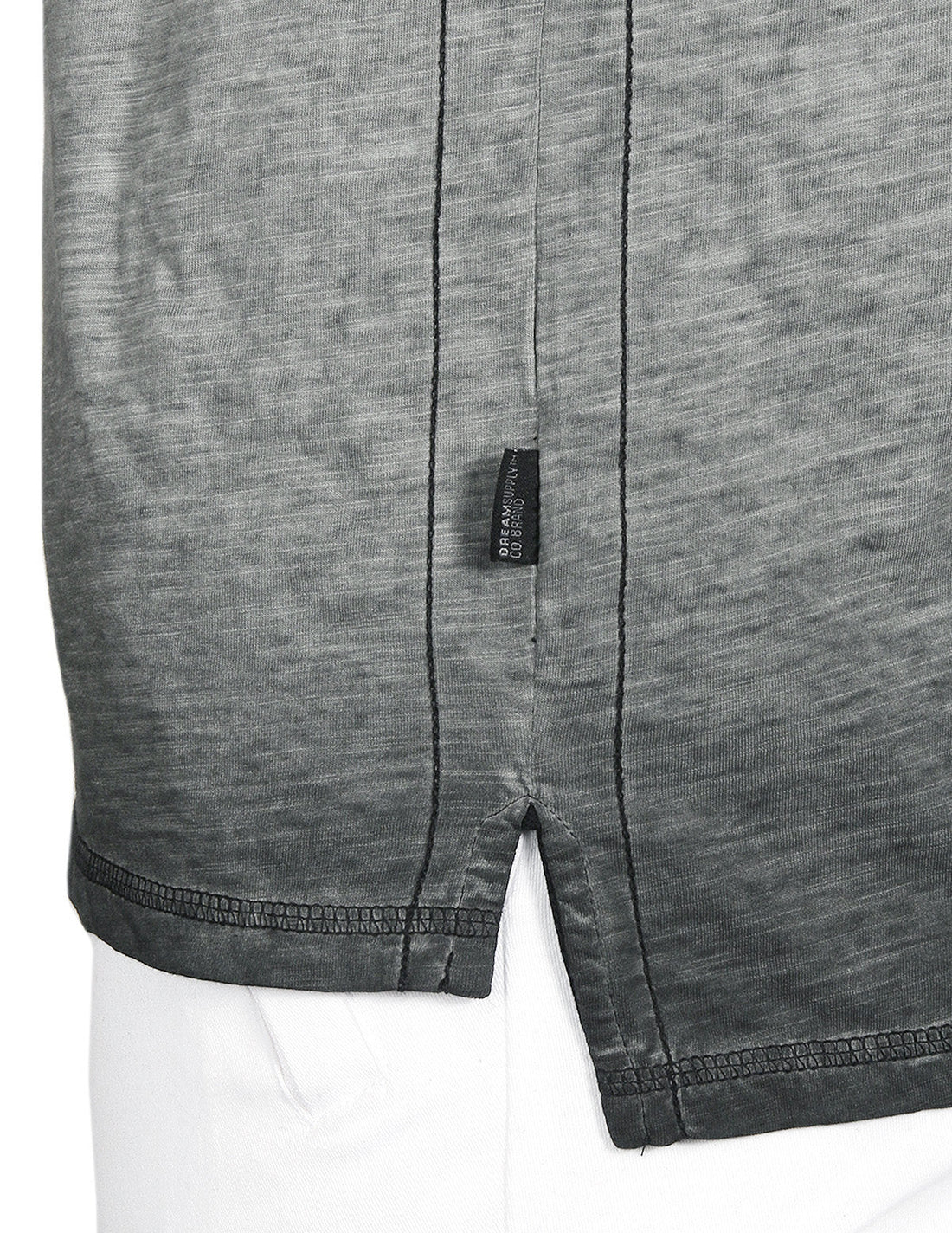 ZIMEGO Mens Long Sleeve V-Neck Henley Oil Wash Contrast Seam Vintage Shirt - Charcoal detailed view of bottom hem and side slit