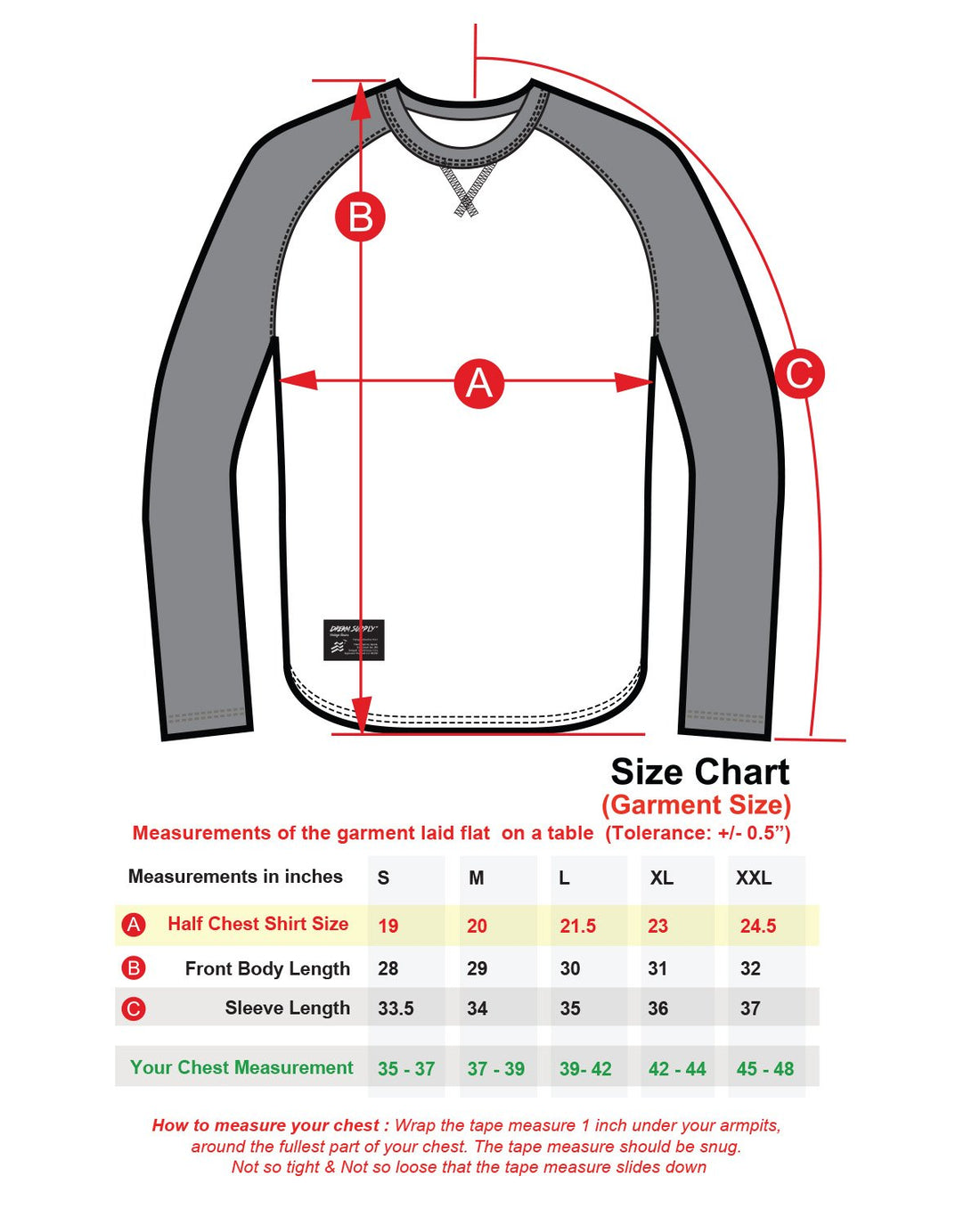 Size chart for ZIMEGO Men Athletic Fit Baseball Retro Contrast Long Sleeve Raglan T-Shirt with measurements