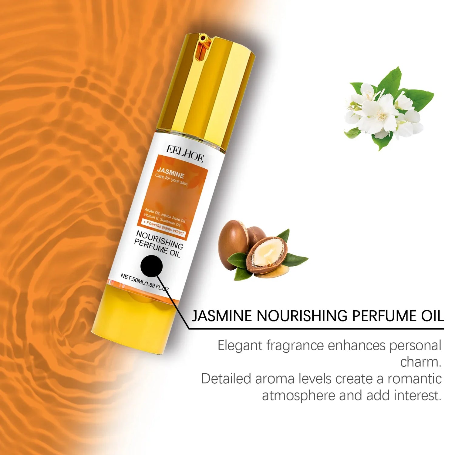 EELHOE Jasmine Rose Perfume and Jasmine Nourishing Perfume Oil with elegant design presence.