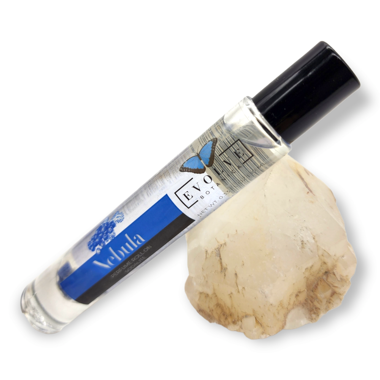 Gemstone perfume roll on Nebula with soothing stainless steel roller ball and crystal infusion.